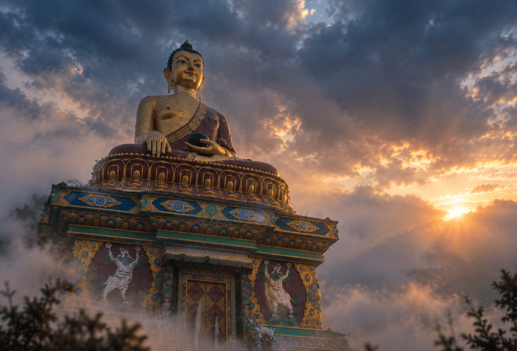 Tawang Monastery in Arunachal Pradesh surrounded by majestic Himalayan mountains.