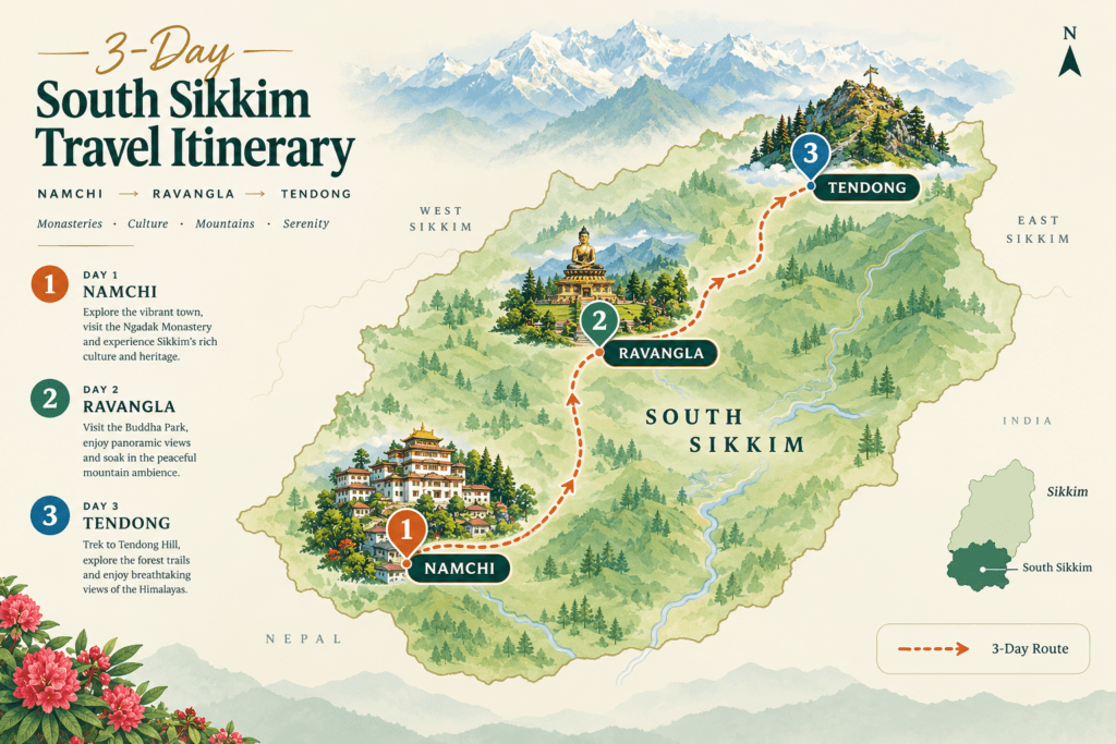 Map of 3-day South Sikkim travel itinerary Namchi Ravangla Tendong