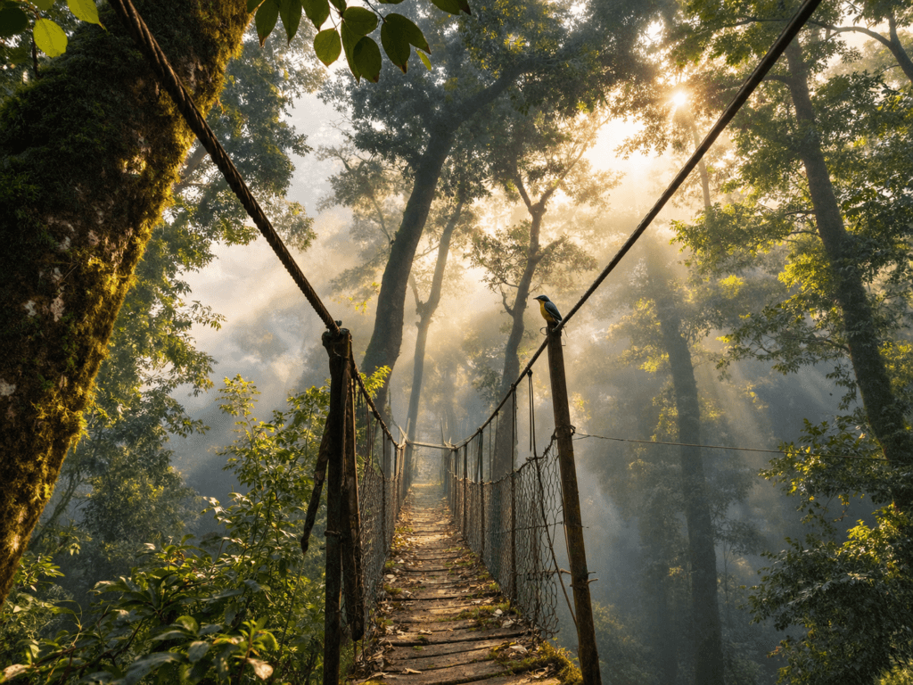 Canopy Walk suspension bridge through forest in Lolegaon near Kalimpong