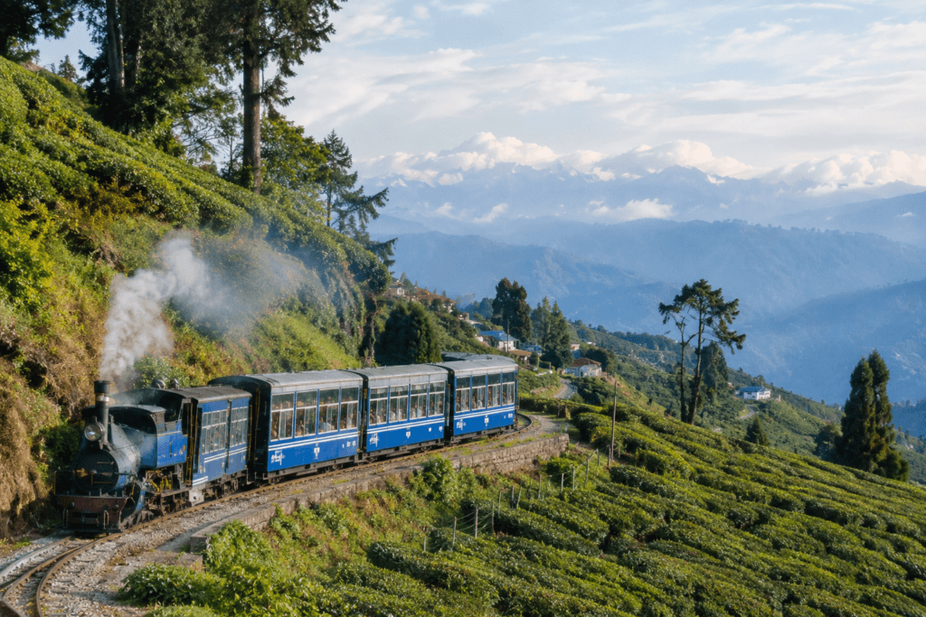 Darjeeling Himalayan Railway toy train passing through tea garden hills