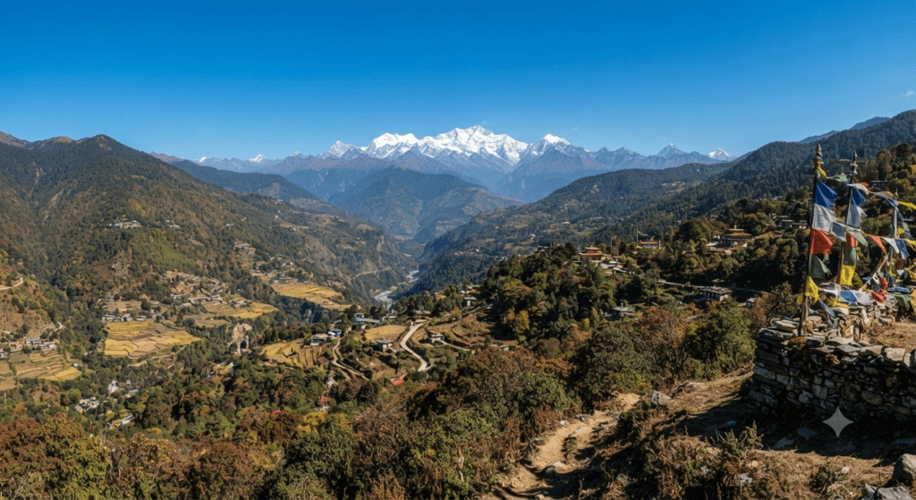 Clear autumn skies over South Sikkim mountains in October