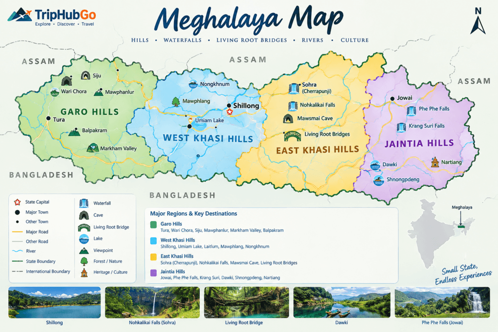 Meghalaya map showing Garo Hills, West Khasi Hills, East Khasi Hills and Jaintia Hills with Shillong, Sohra, Dawki, Jowai, Phe Phe Falls, Krang Suri Falls and major tourist destinations
