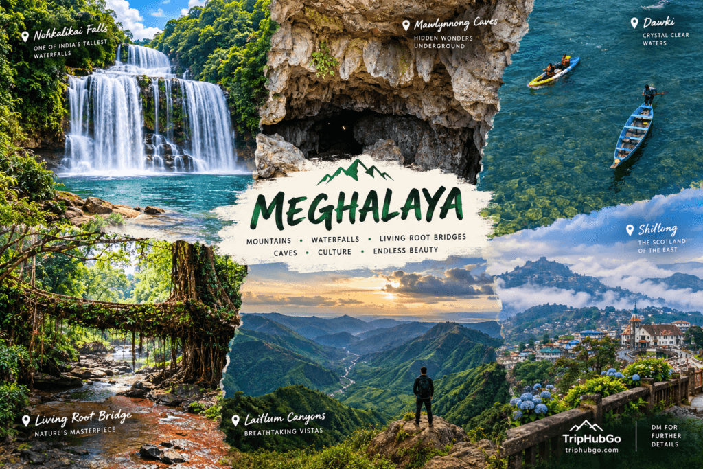 Meghalaya landscape collage featuring waterfalls, caves, Dawki river, living root bridges and scenic hills