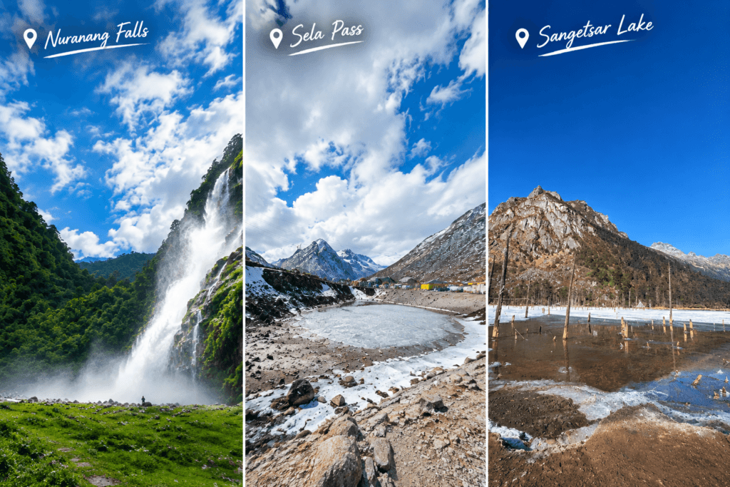 Nuranang Falls, Sela Pass and Sangetsar Lake in Arunachal Pradesh — dramatic three-panel Himalayan travel collage