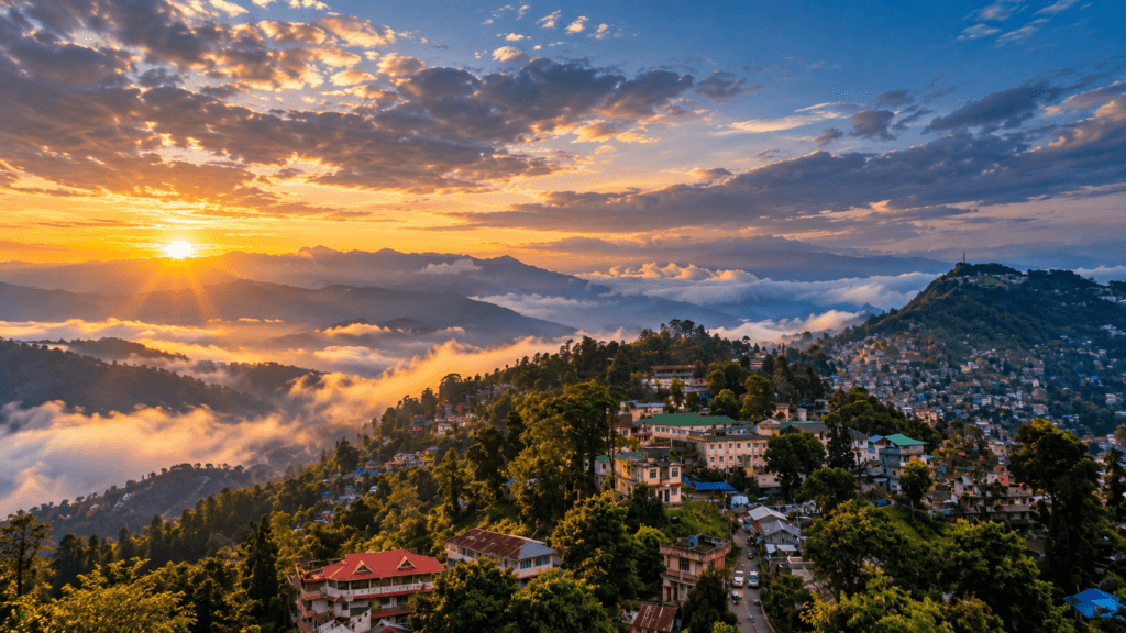Colonial architecture and Himalayan backdrop in Kalimpong hill town